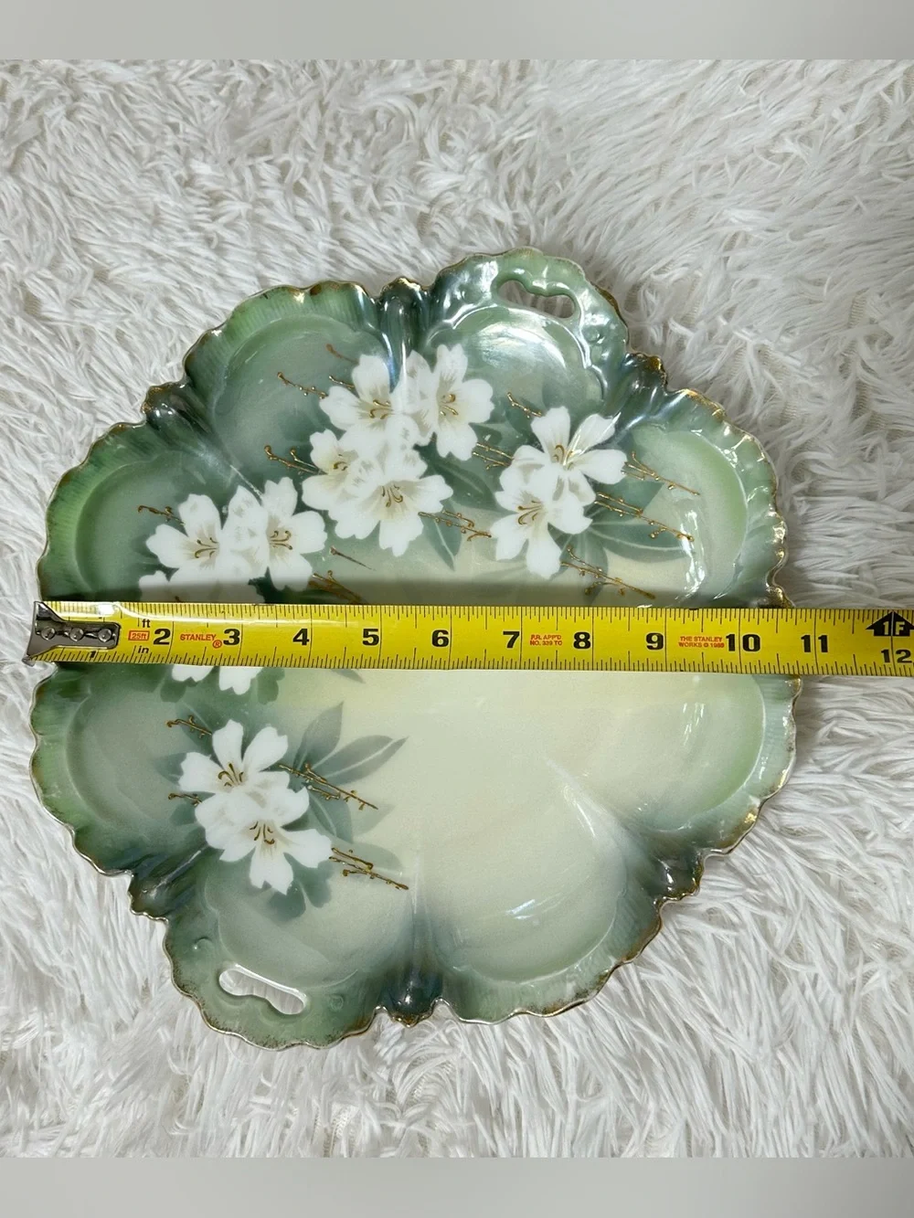 VTG RS Germany Handled Floral Serving Cake Tray Green White Gold Cherry Blossoms